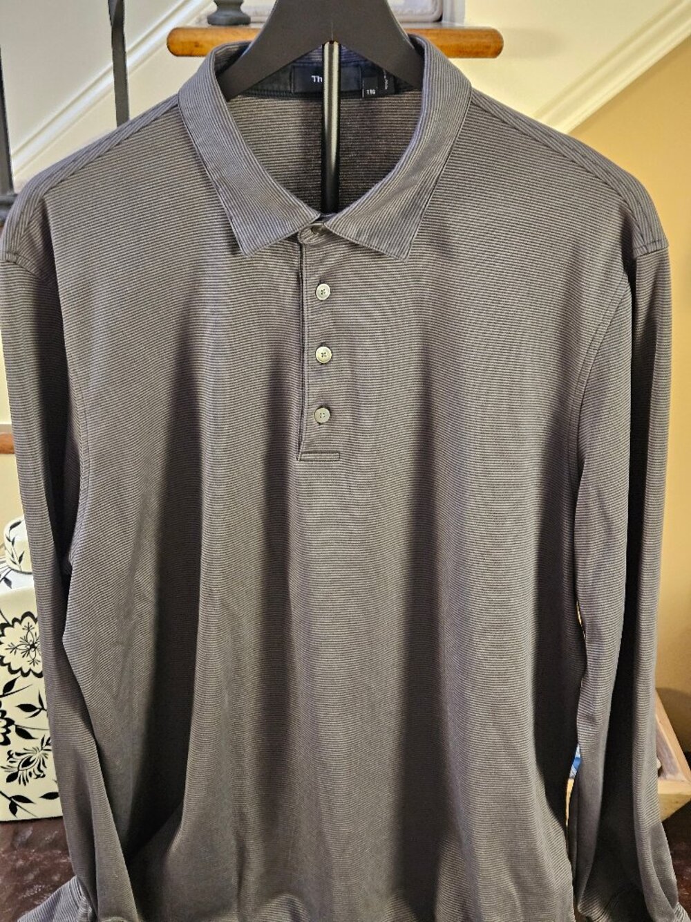 Theory Men's LS Striped Polo Shirt, Gray/Black, Sz XXL